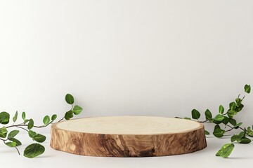 Wall Mural - A wooden display podium for products, featuring a blurred background of natural leaves, created using 3D rendering