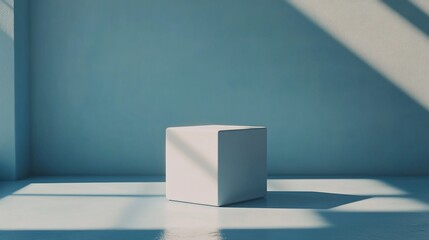 Poster - Minimalist white cube on blue background with sunlight.