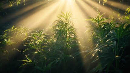 Poster - Sunbeams Illuminate Lush Tropical Foliage