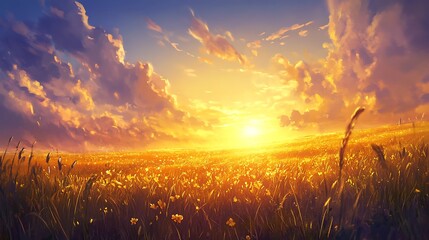 serene field glowing with golden light beneath tranquil skies