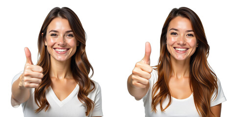 Aufkleber - A Smiling Woman Gives A Thumb Up Sign With A Happy Expression, Isolated On A Clean White Background. 00001