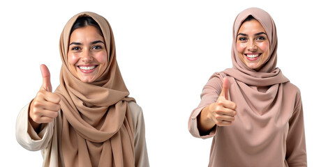 Aufkleber - A Smiling Arab Woman Gives A Thumbs Up Sign, Isolated On A Clean And Simple White Background. 00001