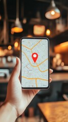 Poster - Woman using navigation app on mobile phone, searching for location on city map with red pinpoint, blurred restaurant interior in background