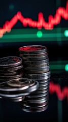 Poster - Stacks of coins are reflecting on a glass surface, with a stock market chart displaying losses in the background, creating a visual representation of financial downturn and investment risk