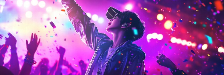 Fototapete - K Pop idol energizes crowd with dynamic performance at a vibrant music festival in an electrifying atmosphere. Generative AI