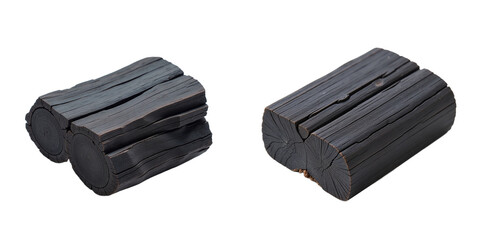 Poster - A Piece Of Dark Wooden Charcoal Is Isolated Against A Clean White Background Showcasing Its Natural Texture And Color. 00001
