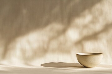 Poster - A serene and minimalist setting features a smooth bowl placed on a textured beige gradient background. Soft shadows enhance the depth and elegance of the composition, inviting tranquility