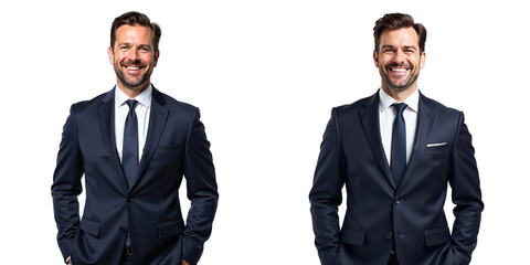 Aufkleber - A Confident Smiling Businessman Is Isolated Against A Simple White Background Wearing A Classic Tailored Business Suit. 00001