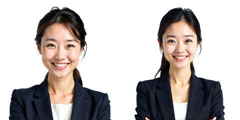 Aufkleber - A Confident Japanese Businesswoman Smiles Directly At The Viewer, Her Face Isolated Against A Clean And Simple White Background. 00001