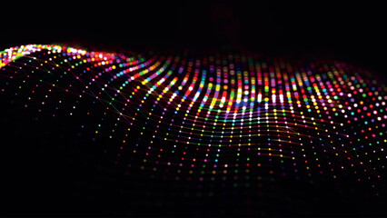 Poster - Futuristic colorful dot particle wave. Technology or science banner. Dark background. Abstract digital 3D wave. 3D vector illustration