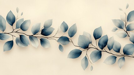 Canvas Print - Elegant blue leaves branch on beige background.