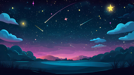 magical hand-drawn cartoon night starry sky landscape - whimsical fantasy illustration with shooting