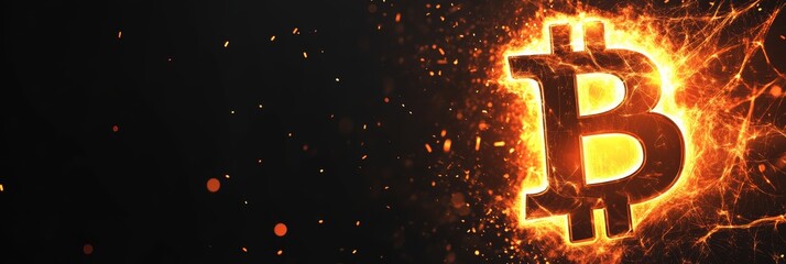 Poster - Bitcoin symbol burning in bright flames with sparks and embers on a dark background representing the volatility and risk associated with cryptocurrency investments
