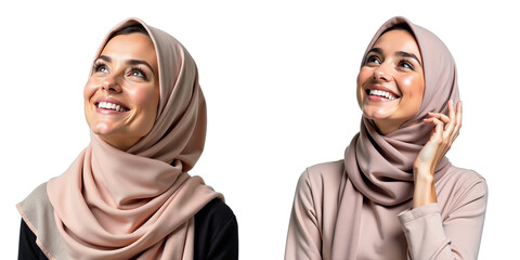 Aufkleber - A Beautiful Arab Middle Eastern Woman Wearing A Hijab Smiles Upwards, Isolated Against A Pure White Minimalist Background. 00001