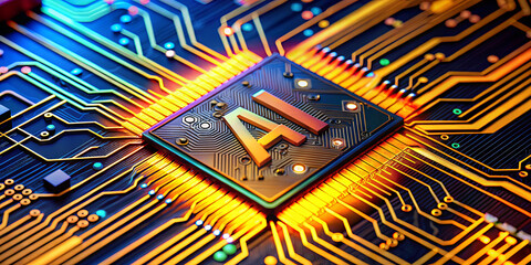 Poster - Close-up view of a vibrant circuit board featuring an illuminated AI chip at its center. The intricate design highlights modern electronics and computing advancements