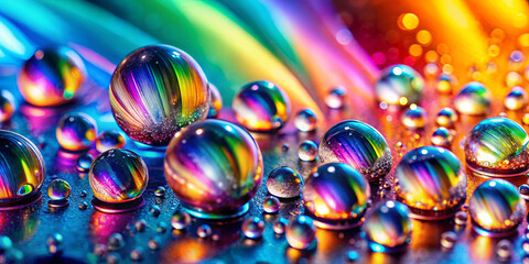 Poster - Numerous droplets, displaying bright, vivid colors, scatter across a dark surface, creating a captivating array of reflections and patterns under light
