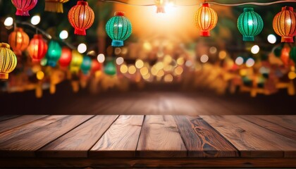 empty wooden table with mexican party heritage bokeh lighting area for product