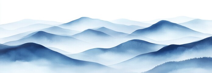 Wall Mural - An artistic representation of mountains in blue watercolor, designed as a mountain range background, suitable for travel or tourism scenes, emphasizing nature and outdoor settings