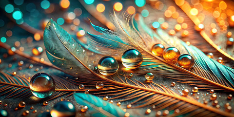 Poster - Delicate feathers of various colors are adorned with shimmering droplets, reflecting light in a mesmerizing display. The background glows with warm hues, enhancing the beauty