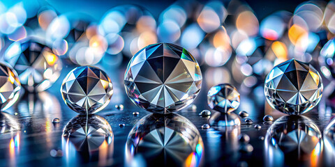 Poster - Multiple crystal spheres in different sizes are arranged on a shiny surface, reflecting colorful lights around them. The captivating arrangement highlights their dazzling facets