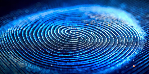 Poster - Vivid blue fingerprint pattern highlights the intricate swirls and lines formed, representing individuality and technology's influence on personal identification in modern design