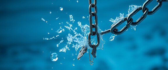 Poster - A chain snaps underwater, sending droplets of water in various directions. The bright blue water enhances the dynamic motion, creating a striking visual contrast