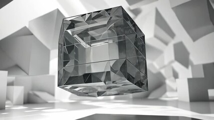 Poster - Abstract geometric crystal cube animation in monochrome. Transparent glass block rotating with shadows and reflections. Modern minimalist 3D visualization concept for luxury brand with copy space