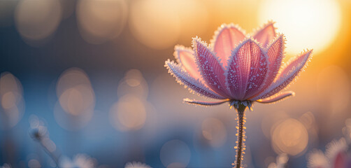 Poster - A stunning pink flower stands gracefully in the early morning light, surrounded by a dreamy, blurred backdrop. Dewdrops add a magical touch to its petals