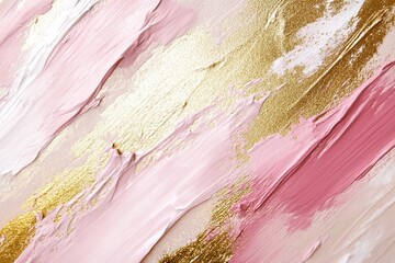 Poster - This abstract background showcases dynamic acrylic brush strokes in blush pink and metallic gold, layered on a smooth light neutral canvas, perfect for elegant presentations