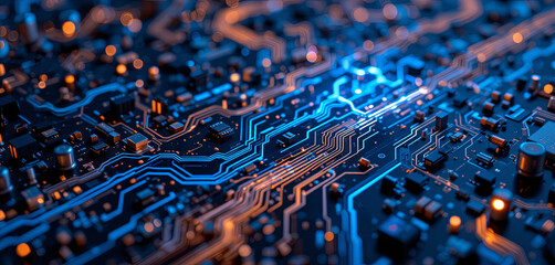 Poster - Detailed visualization of a circuit board with interconnected pathways and microchips illuminated by blue and orange lights. This representation highlights modern technology's complexity
