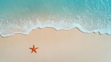 Poster - Soft waves gently caress the sandy beach where a vibrant starfish rests, creating a serene and idyllic summer scene perfect for evoking feelings of tranquility and coastal beauty