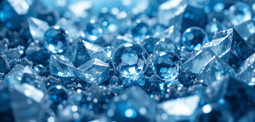 Poster - A mesmerizing collection of blue crystals and spheres glistens with reflected light, creating an enchanting display of colors and shapes on a dark textured surface