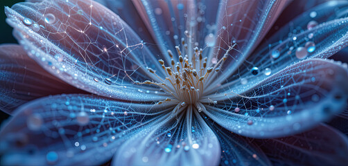 Poster - A close-up view of a delicate flower showcases intricate details, with shimmering droplets clinging to its petals, highlighting the beauty of nature during a quiet morning