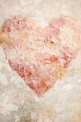 Wall Mural - Delicate heart shape crafted from layered acrylic floral patterns in soft pink, cream, and taupe. Set against a textured, neutral pastel backdrop, this artwork exudes elegance and tranquility