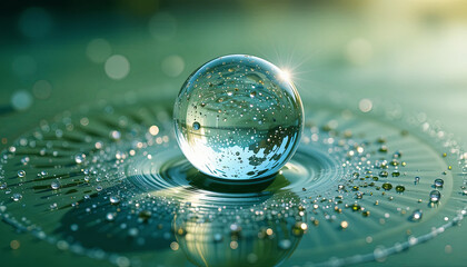 Poster - A shiny water droplet rests on a calm surface, creating circular ripples that reflect light, capturing a moment of tranquility in the early morning