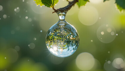 Poster - A shimmering droplet of water clings to a green leaf, capturing and reflecting a lush garden scene filled with sunlight and blurred foliage in the background