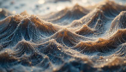 Poster - Delicate strands of spider silk form intricate wave-like patterns on the sandy beach, capturing the early morning light with shimmering sparkles. Nature's artistry reveals a unique beauty