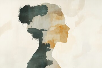 Poster - This artwork showcases a woman's silhouette in soft pastel watercolors, accented by bold acrylic strokes, creating a serene and minimalist aesthetic