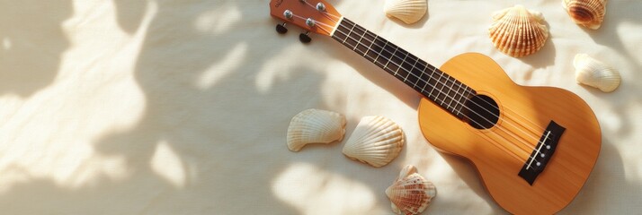 Poster - Ukulele lies on a beige sheet, adorned with seashells, bathed in the warm glow of sunlight filtering through a window, creating a serene and inviting summer scene