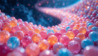 Poster - A captivating landscape showcases a winding path made of colorful spheres. These spheres shimmer and sparkle in shades of pink, orange, and blue, creating a surreal atmosphere