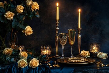 Wall Mural - Candles and Roses Still Life with Gold Accents on Dark Surface Elegant and Detailed