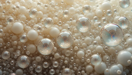 Poster - Transparent bubbles of various sizes rise and cluster above a creamy surface, creating an intriguing texture and pattern that captures the light and reflects colors