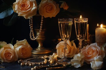 Wall Mural - Champagne Flutes With Roses And Pearls On Dark Tabletop Still Life Photography