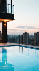 Aufkleber - Modern rooftop swimming pool offering breathtaking views of a vibrant cityscape at sunset, creating a luxurious and tranquil atmosphere for summer holiday relaxation