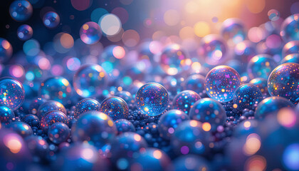 Poster - Colorful bubbles float in a dreamy environment, reflecting soft light and creating shimmering effects. The scene showcases intricate details and vibrant hues, captivating the viewer