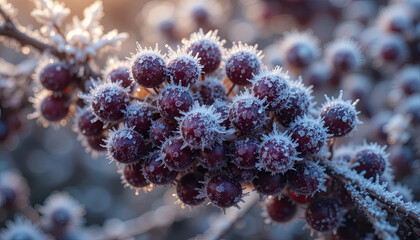 Poster - Berries coated in frost sparkle under the soft morning light. The cold weather creates a beautiful contrast with the vivid colors of the fruit, showcasing winter's stillness