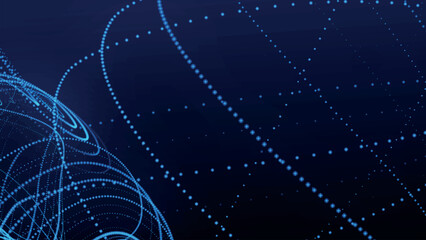 Poster - Dynamic wave of glowing particles. Abstract dotted lines on dark background. Chaotic colored lines. Motion effect. Vector illustration