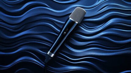 Poster - Professional microphone laying on a blue soundproof wall, ready for a recording session or a live performance, representing music, singing, and sound engineering