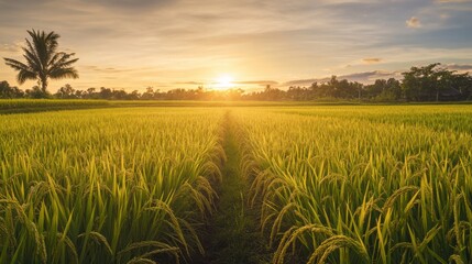 Wall Mural - Rice field during sunset. Capturing the golden light over the rice plants. Emphasizing the serene and picturesque quality of rice cultivation. Ideal for travel articles and nature photography.