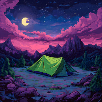 Painting depicting a tent nestled in the mountains under a starry night sky.